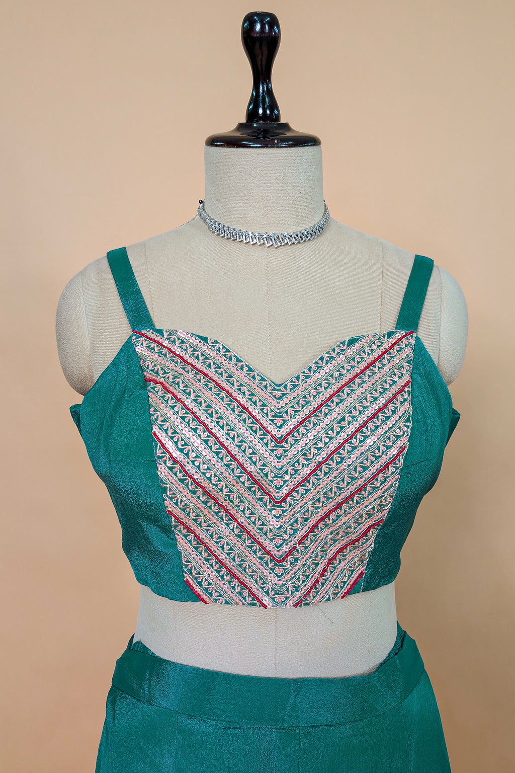 Persian Green Chinon Silk Thread Embroidered Crop Top Palazzo Set with Jacket