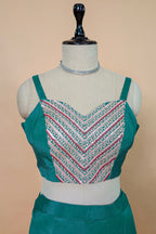 Persian Green Chinon Silk Thread Embroidered Crop Top Palazzo Set with Jacket