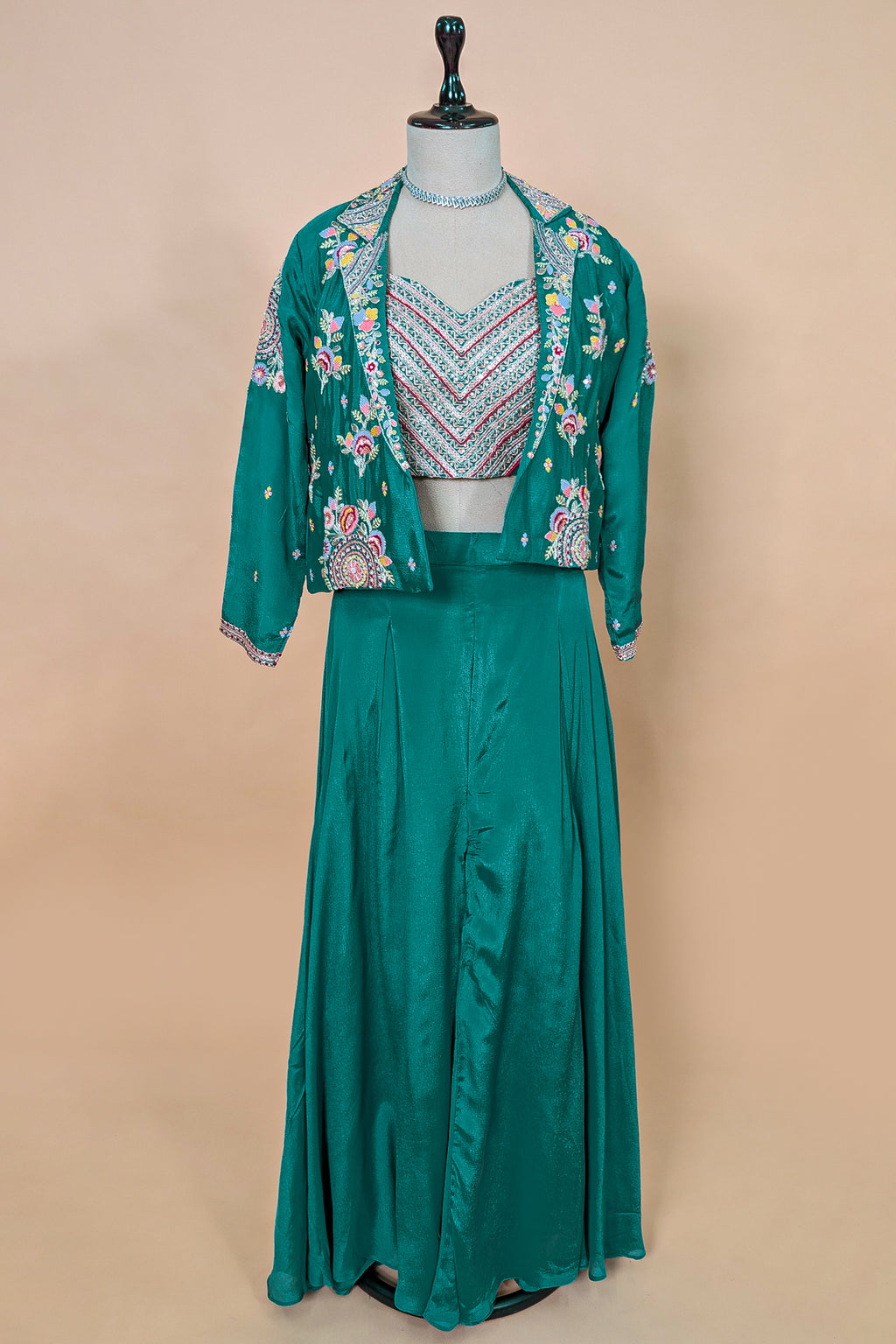 Persian Green Chinon Silk Thread Embroidered Crop Top Palazzo Set with Jacket