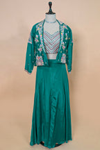 Persian Green Chinon Silk Thread Embroidered Crop Top Palazzo Set with Jacket