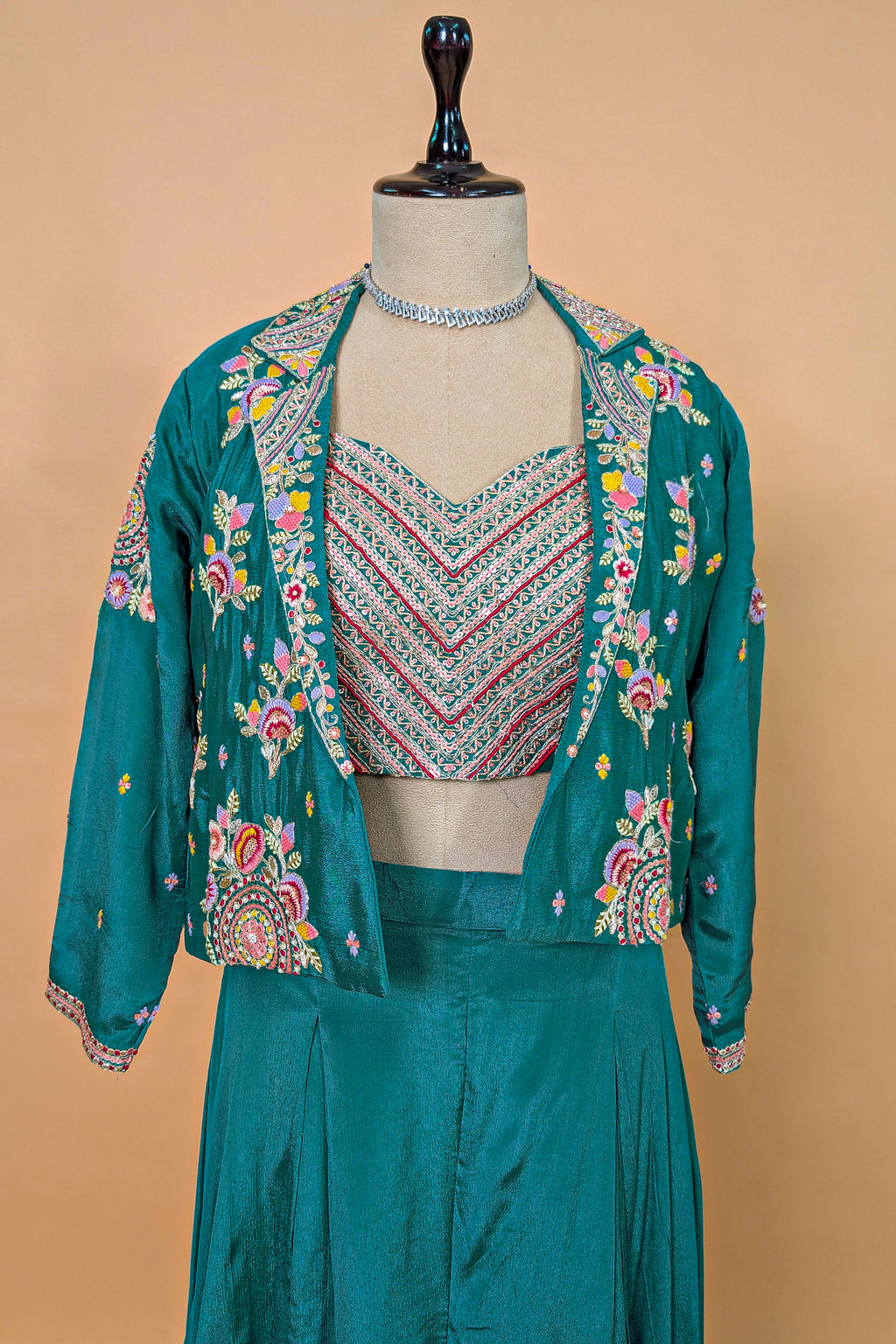 Persian Green Chinon Silk Thread Embroidered Crop Top Palazzo Set with Jacket