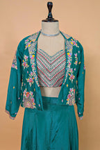 Persian Green Chinon Silk Thread Embroidered Crop Top Palazzo Set with Jacket