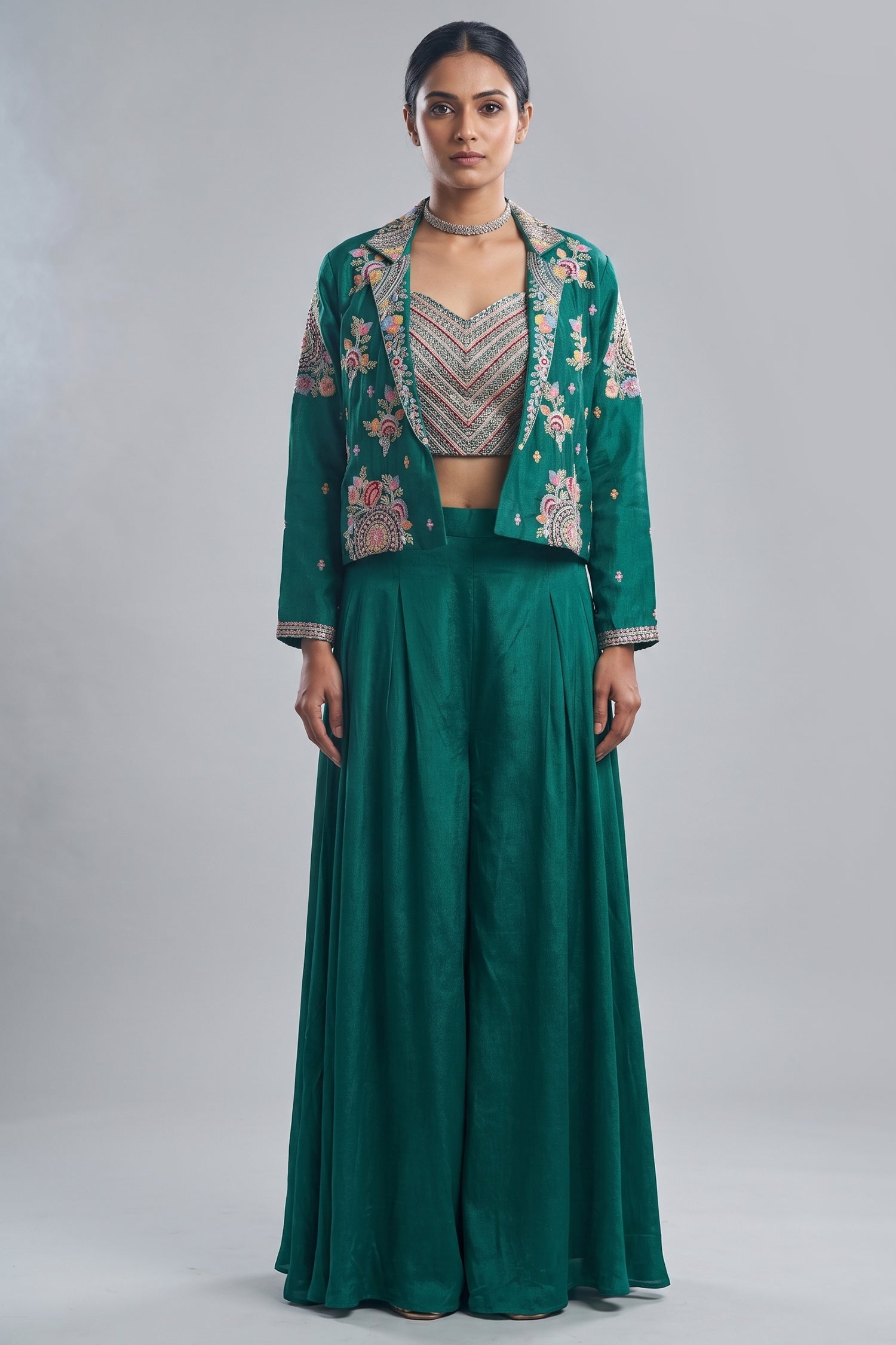 Persian Green Chinon Silk Thread Embroidered Crop Top Palazzo Set with Jacket