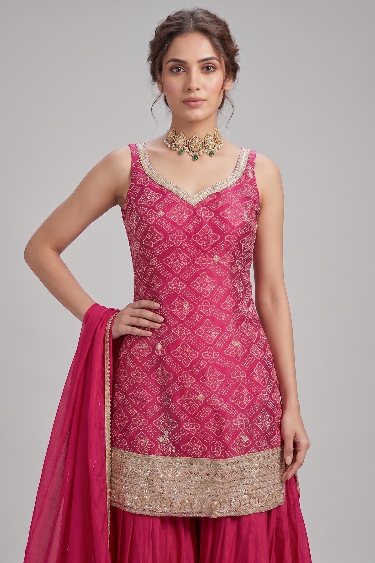 Rani Pink Chinon Silk Printed Palazzo Suit with Sequin Embroidery Work