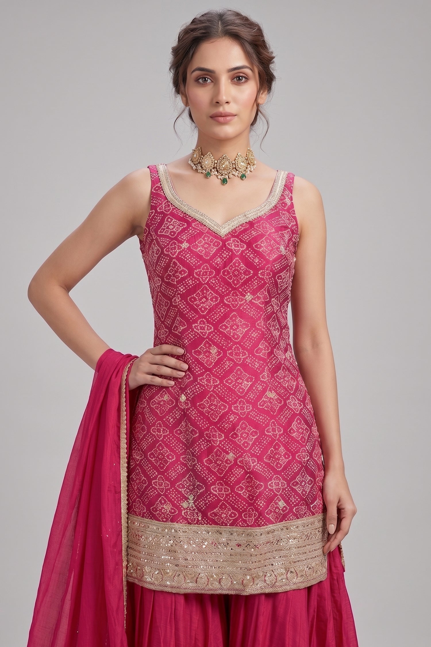 Rani Pink Chinon Silk Printed Palazzo Suit with Sequin Embroidery Work