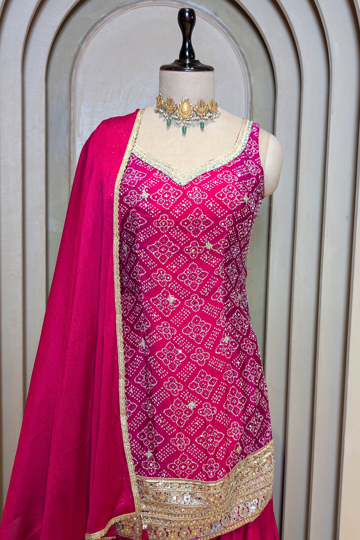 Rani Pink Chinon Silk Printed Palazzo Suit with Sequin Embroidery Work