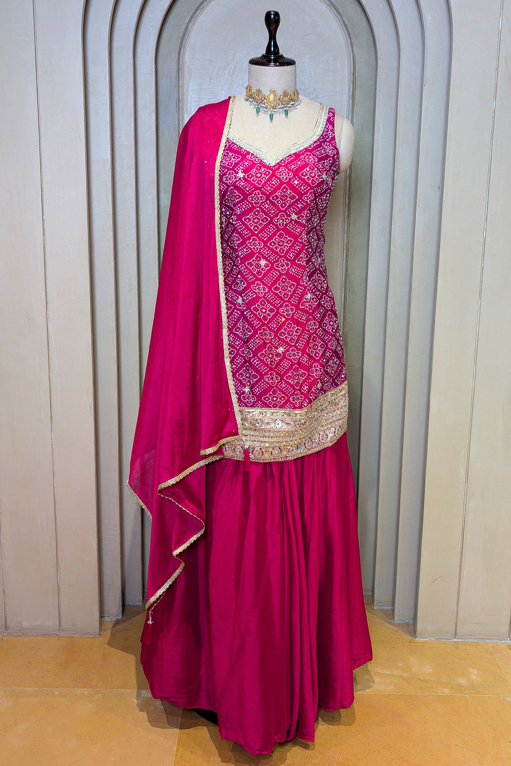 Rani Pink Chinon Silk Printed Palazzo Suit with Sequin Embroidery Work