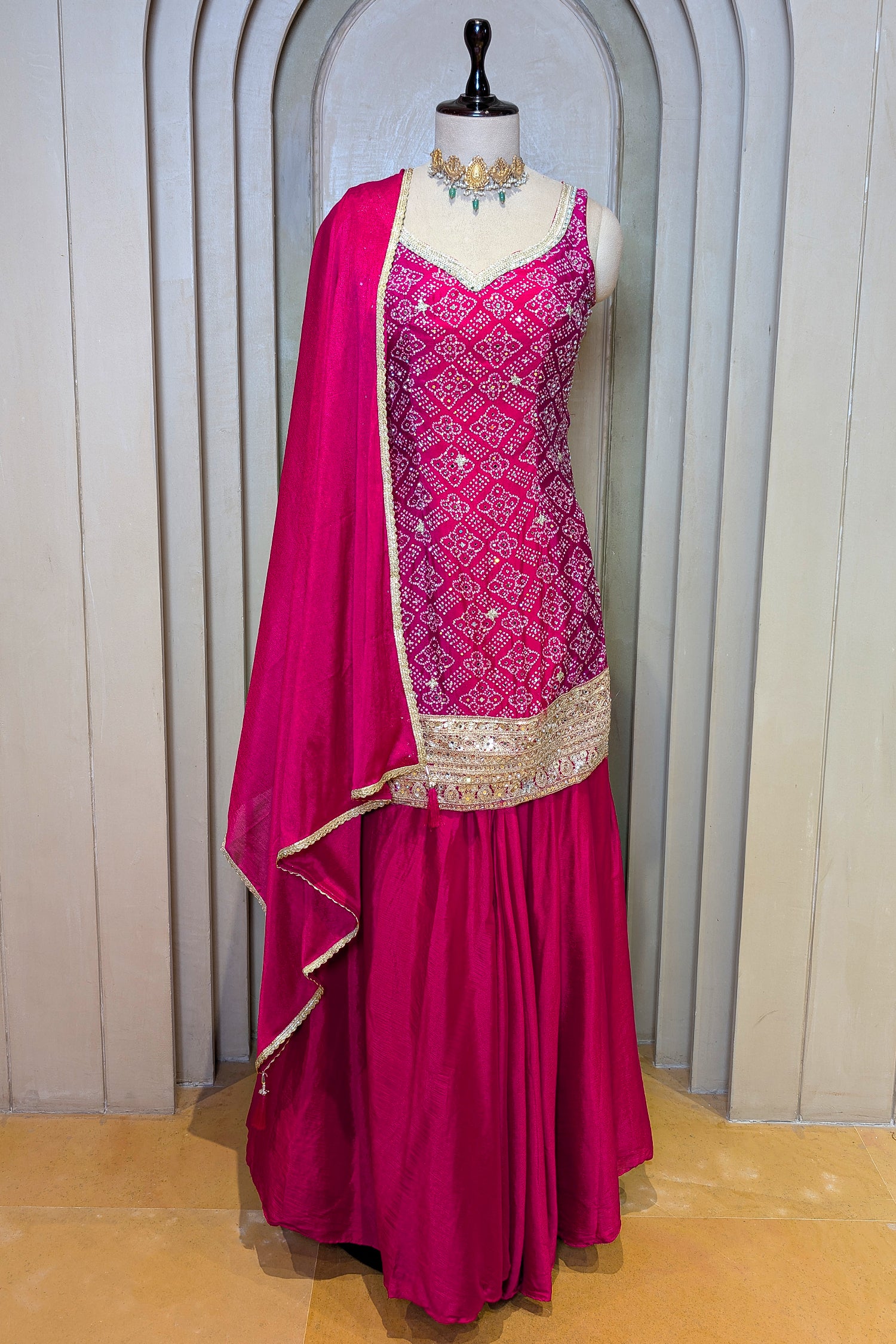 Rani Pink Chinon Silk Printed Palazzo Suit with Sequin Embroidery Work