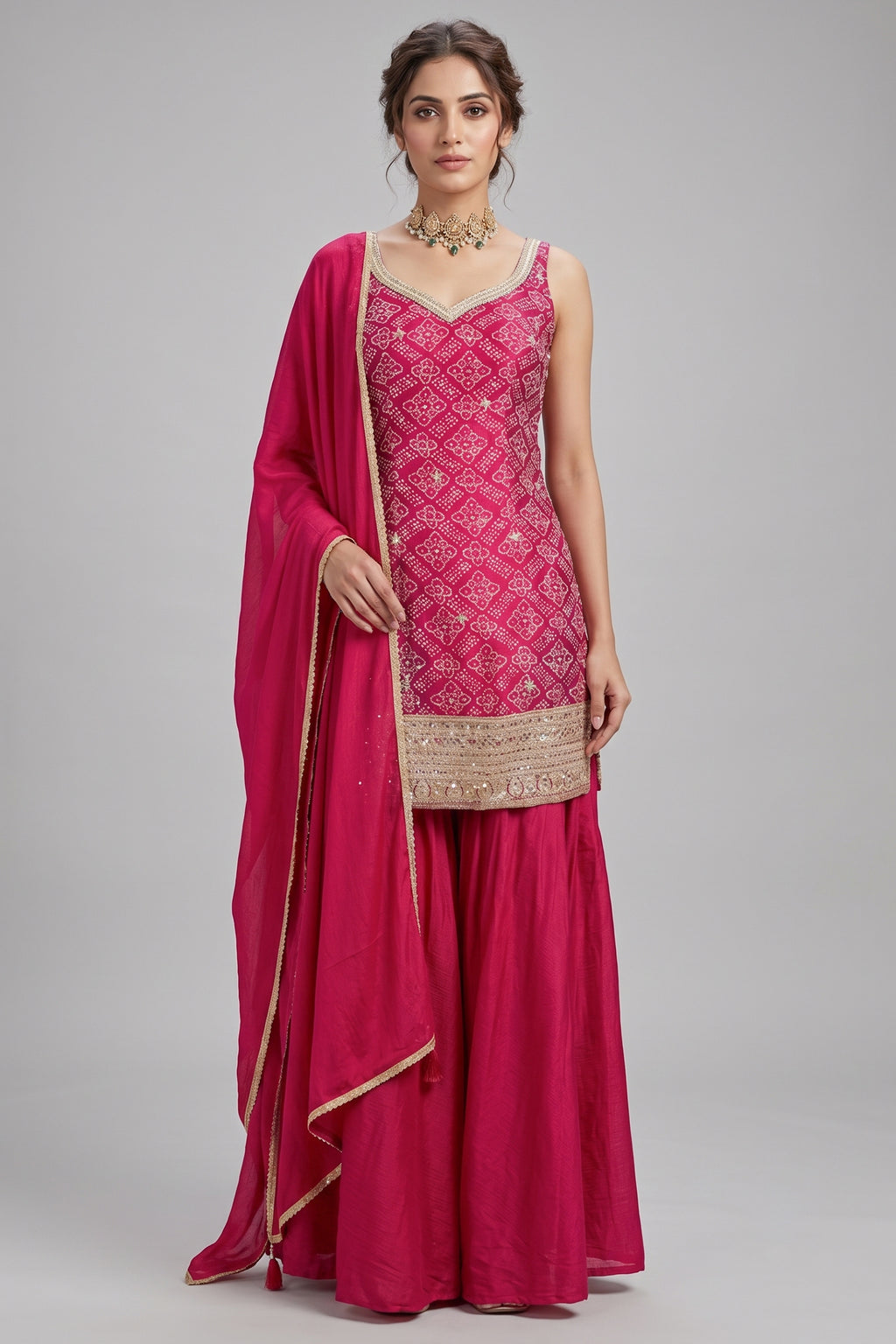 Rani Pink Chinon Silk Printed Palazzo Suit with Sequin Embroidery Work