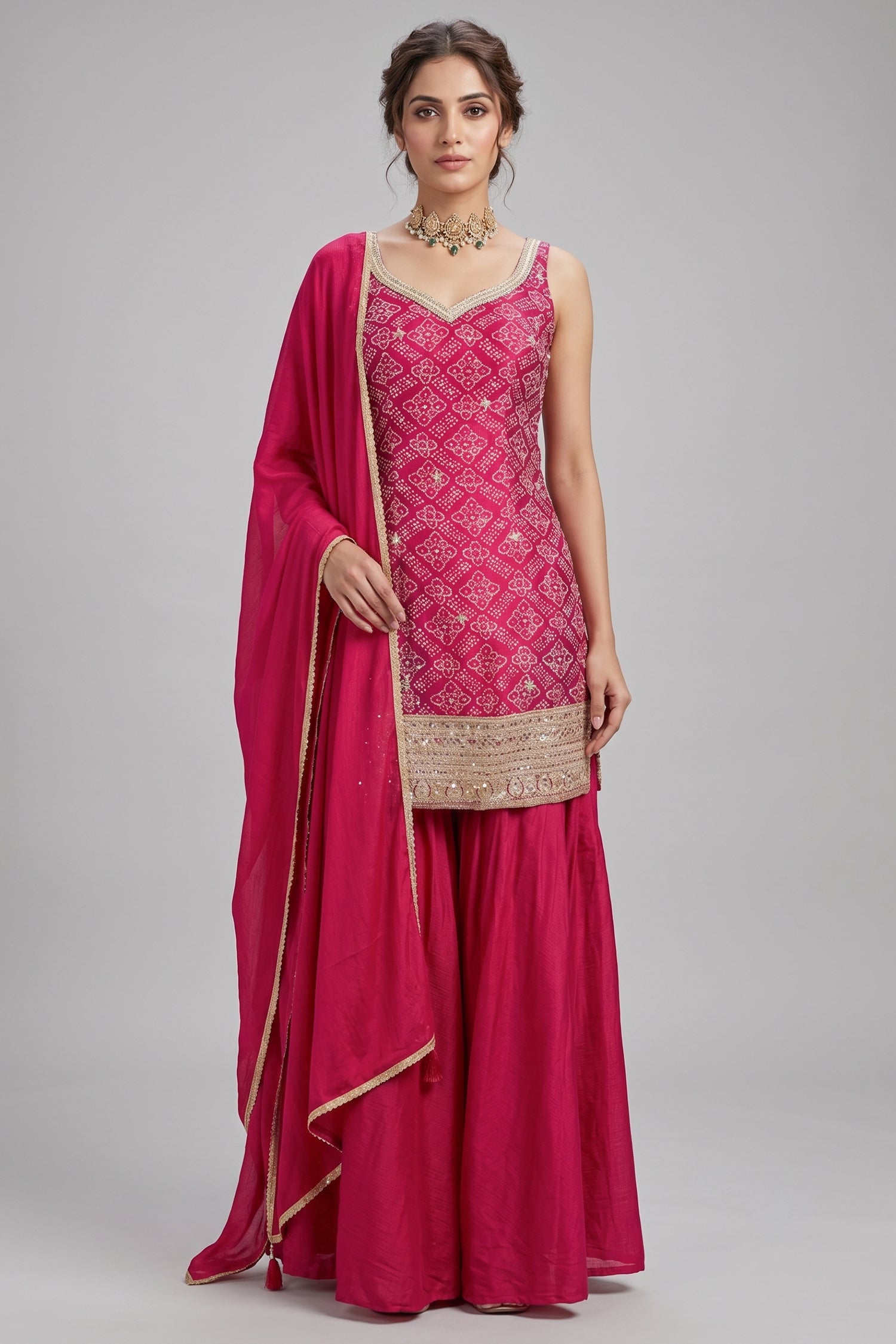 Rani Pink Chinon Silk Printed Palazzo Suit with Sequin Embroidery Work