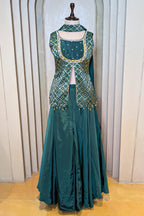 Green Art Silk Slit Cut Bandej Woven Palazzo Suit