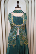 Green Art Silk Slit Cut Bandej Woven Palazzo Suit