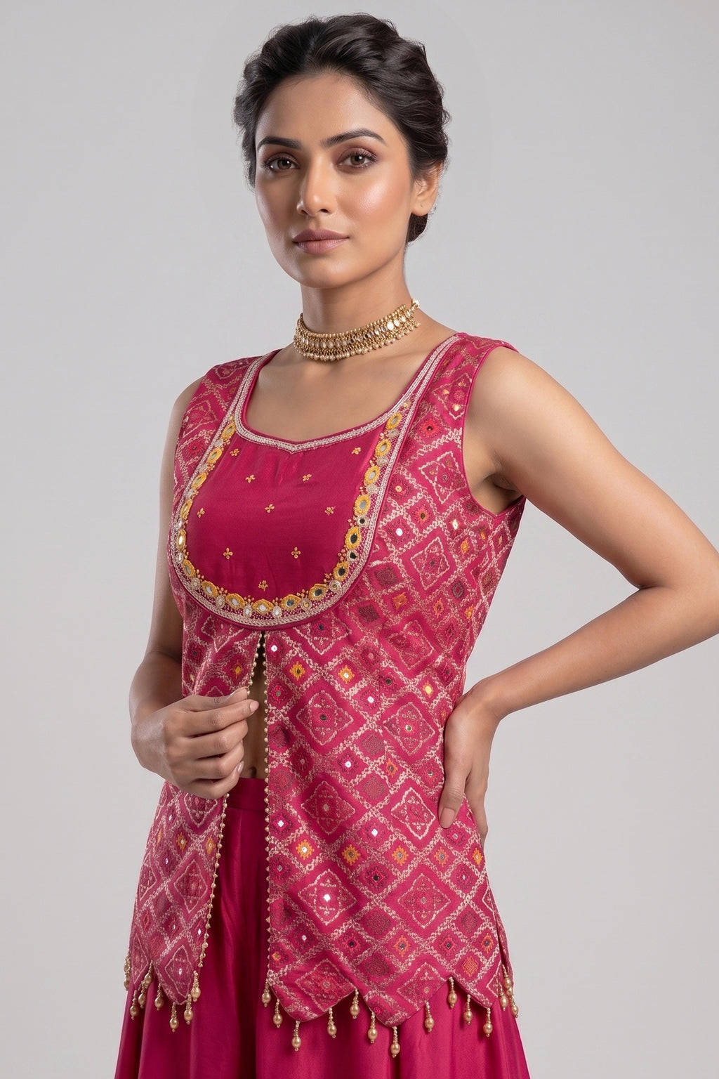 Rani Pink Art Silk Slit Cut Bandej Woven Palazzo Suit