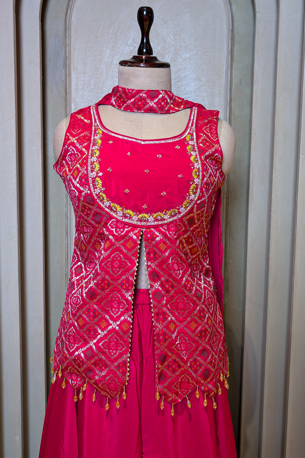 Rani Pink Art Silk Slit Cut Bandej Woven Palazzo Suit