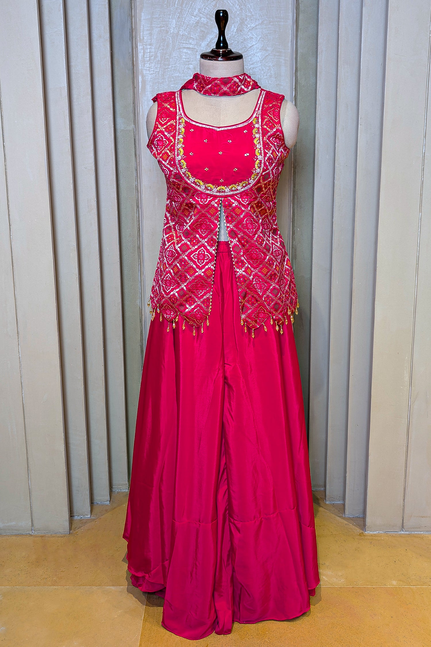 Rani Pink Art Silk Slit Cut Bandej Woven Palazzo Suit