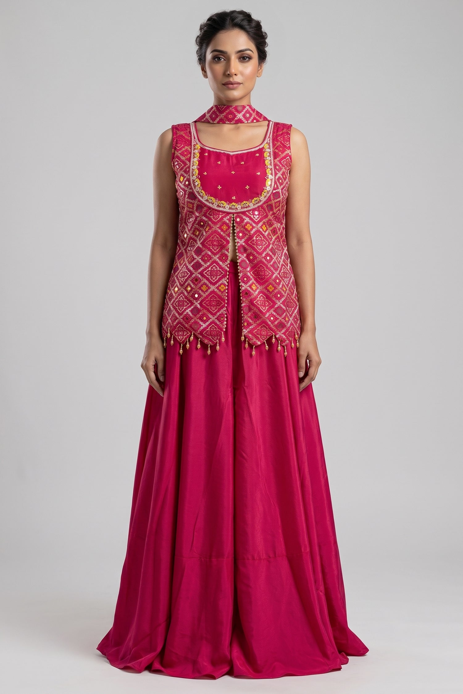 Rani Pink Art Silk Slit Cut Bandej Woven Palazzo Suit