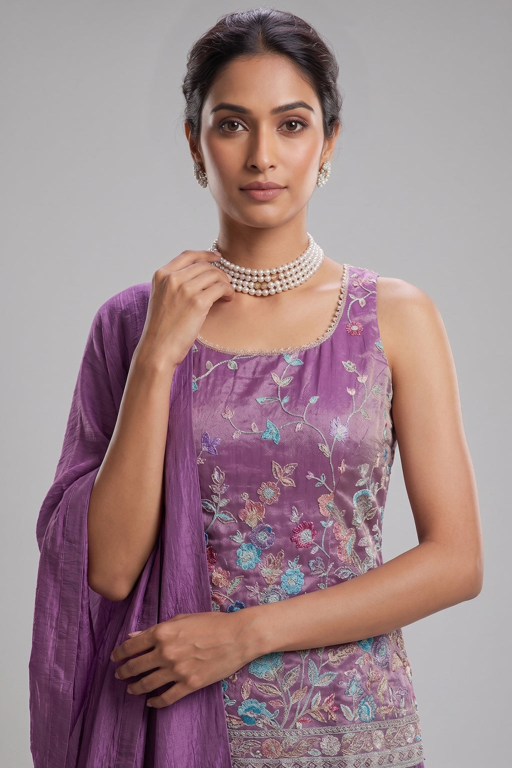 Lilac Purple Chinon Silk Embroidery Beaded Palazzo Suit