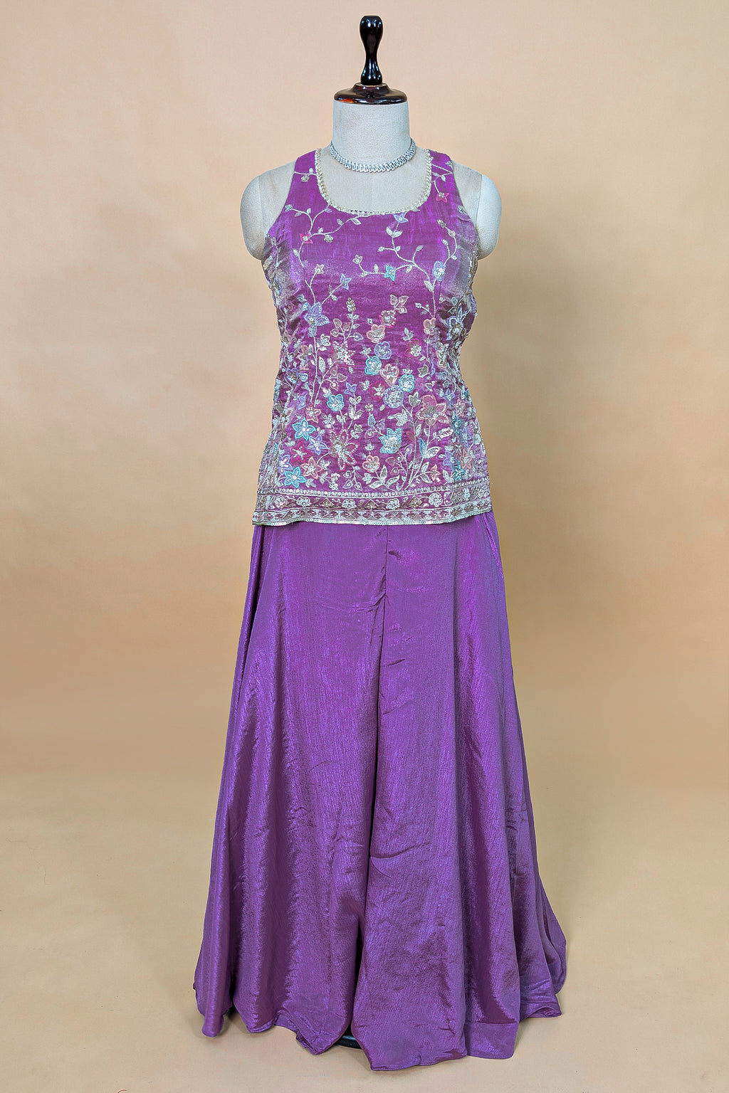 Lilac Purple Chinon Silk Embroidery Beaded Palazzo Suit