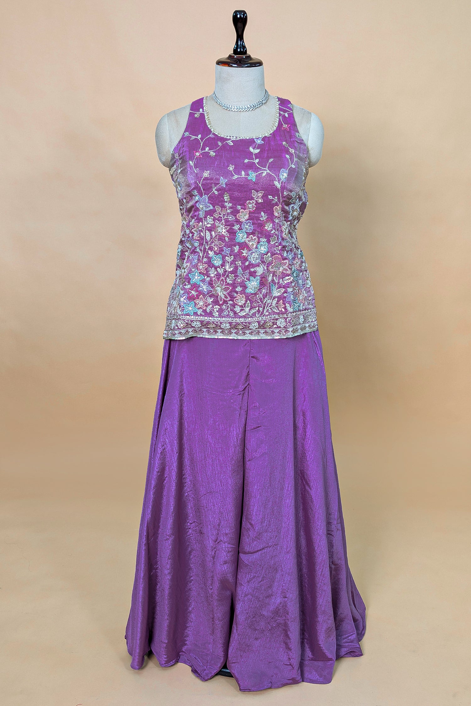 Lilac Purple Chinon Silk Embroidery Beaded Palazzo Suit
