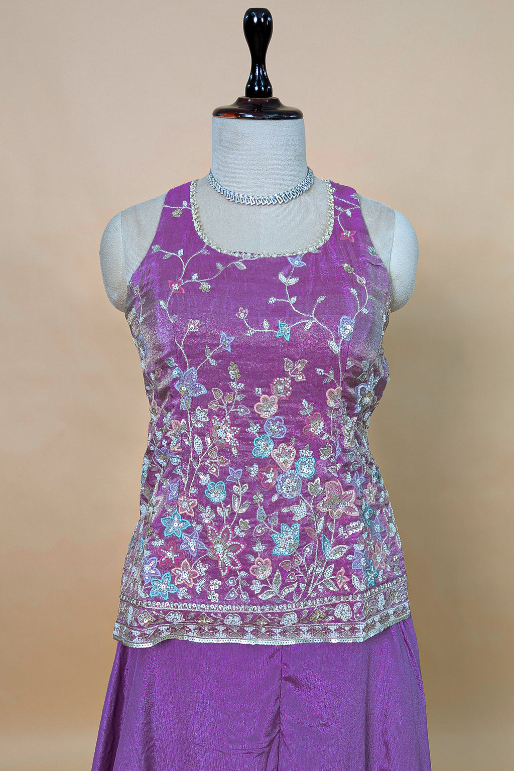Lilac Purple Chinon Silk Embroidery Beaded Palazzo Suit