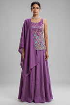 Lilac Purple Chinon Silk Embroidery Beaded Palazzo Suit