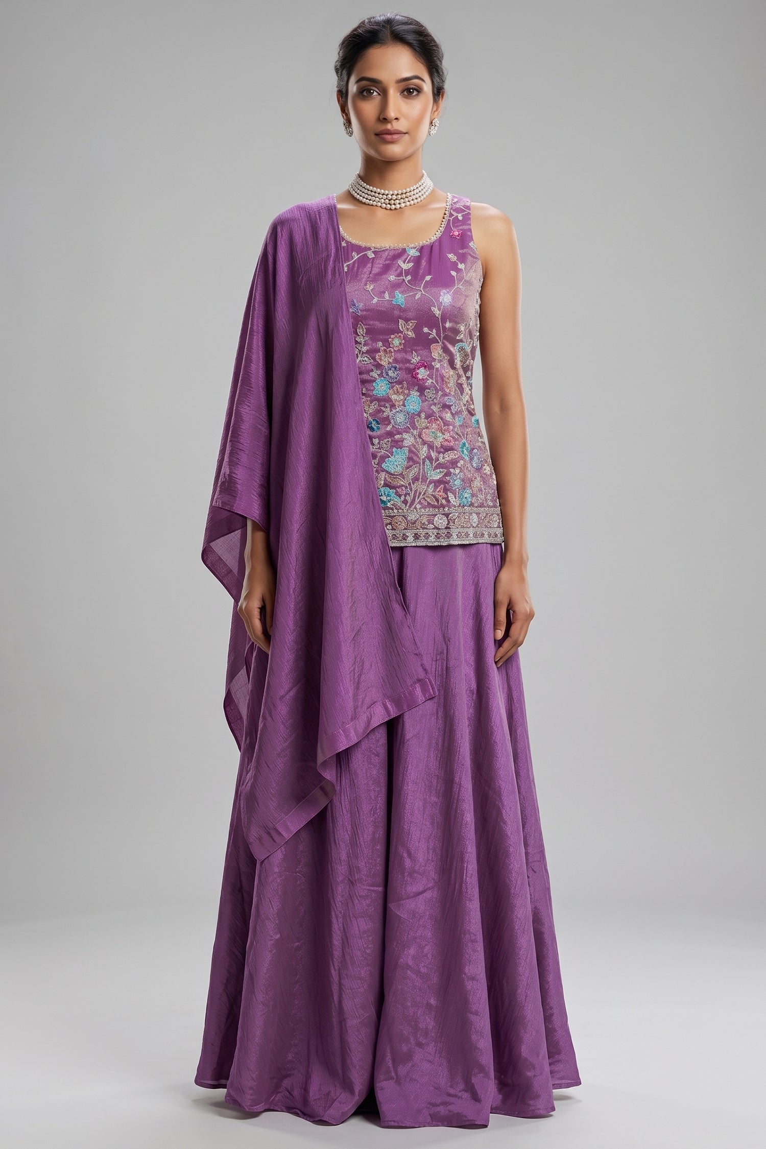 Lilac Purple Chinon Silk Embroidery Beaded Palazzo Suit