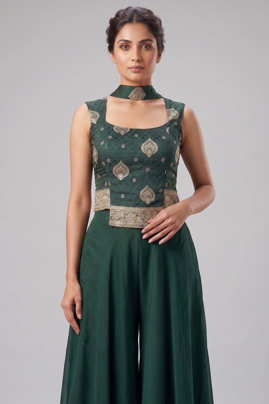 Dark Green Crepe Silk Woven Palazzo Suit with Cutdana Beaded Work