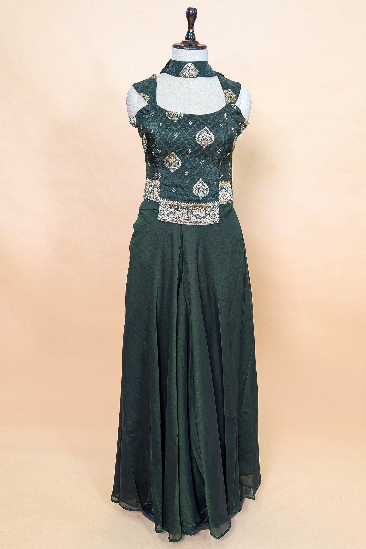 Dark Green Crepe Silk Woven Palazzo Suit with Cutdana Beaded Work