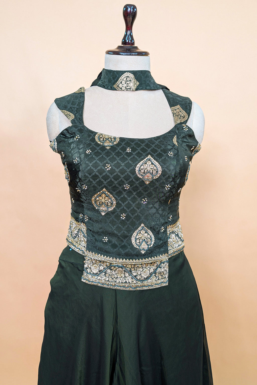 Dark Green Crepe Silk Woven Palazzo Suit with Cutdana Beaded Work