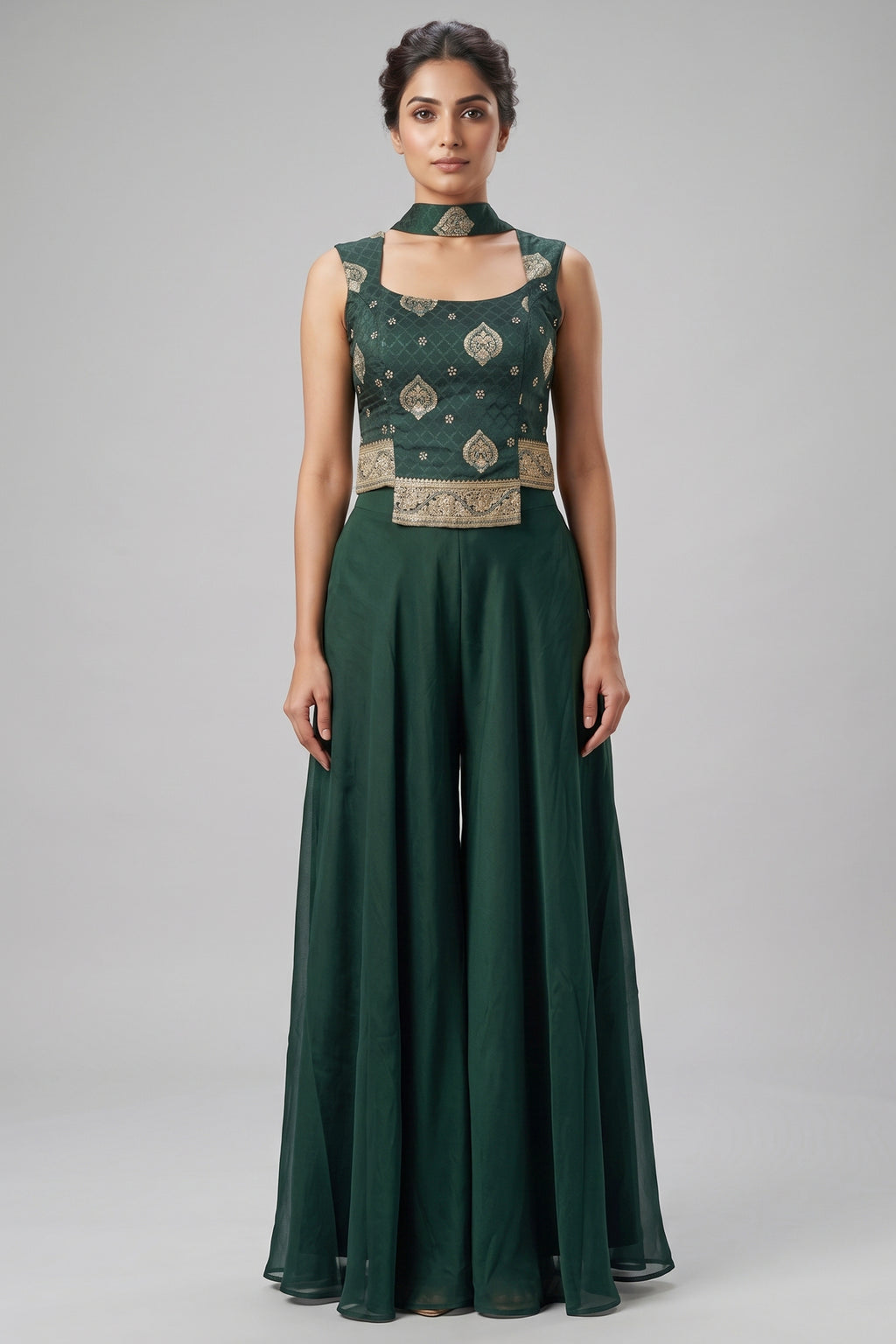Dark Green Crepe Silk Woven Palazzo Suit with Cutdana Beaded Work