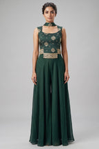 Dark Green Crepe Silk Woven Palazzo Suit with Cutdana Beaded Work