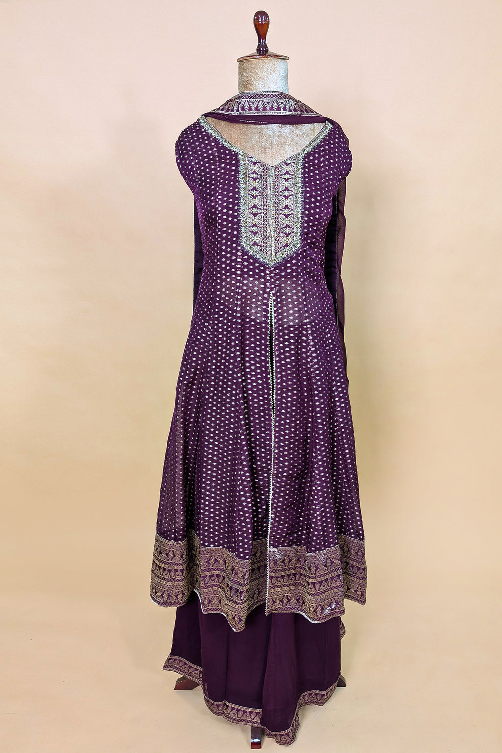 Wine Purple Organza Woven Slit Cut Palazzo Suit with Cutdana Work