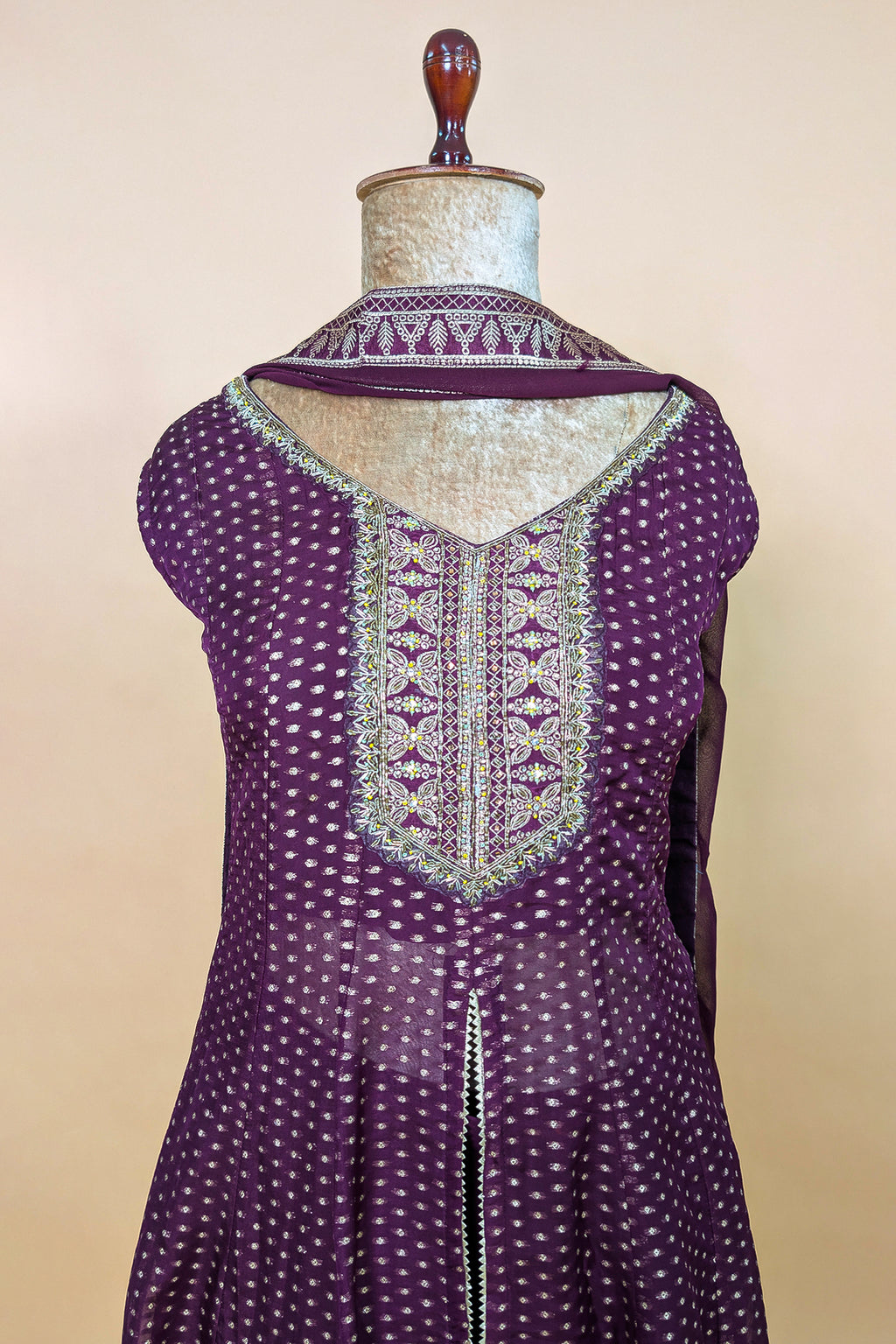 Wine Purple Organza Woven Slit Cut Palazzo Suit with Cutdana Work