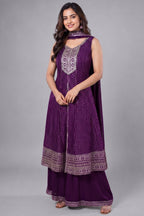 Wine Purple Organza Woven Slit Cut Palazzo Suit with Cutdana Work