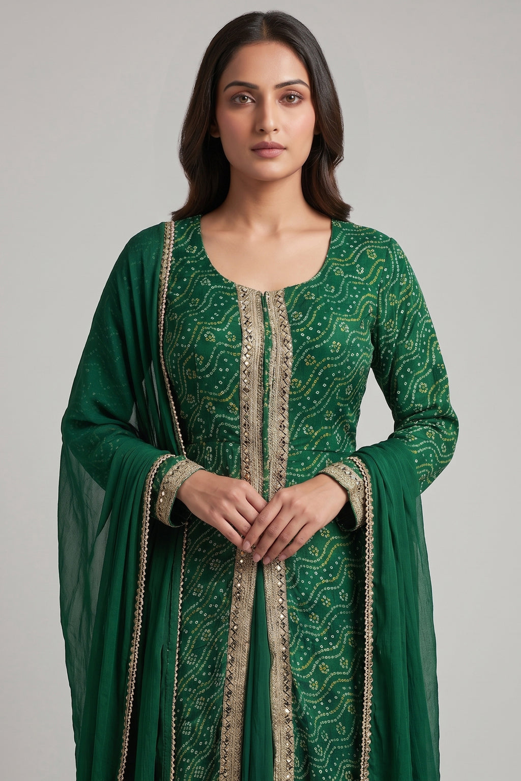 Dark Green Chiffon Georgette Bandhej Work Slit Cut Palazzo Suit
