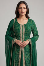 Dark Green Chiffon Georgette Bandhej Work Slit Cut Palazzo Suit