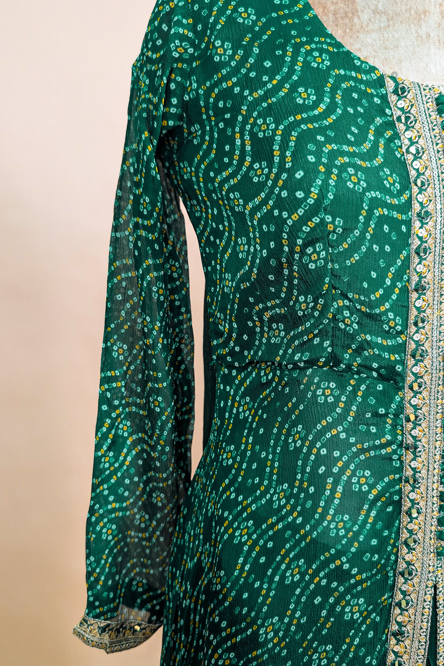 Dark Green Chiffon Georgette Bandhej Work Slit Cut Palazzo Suit