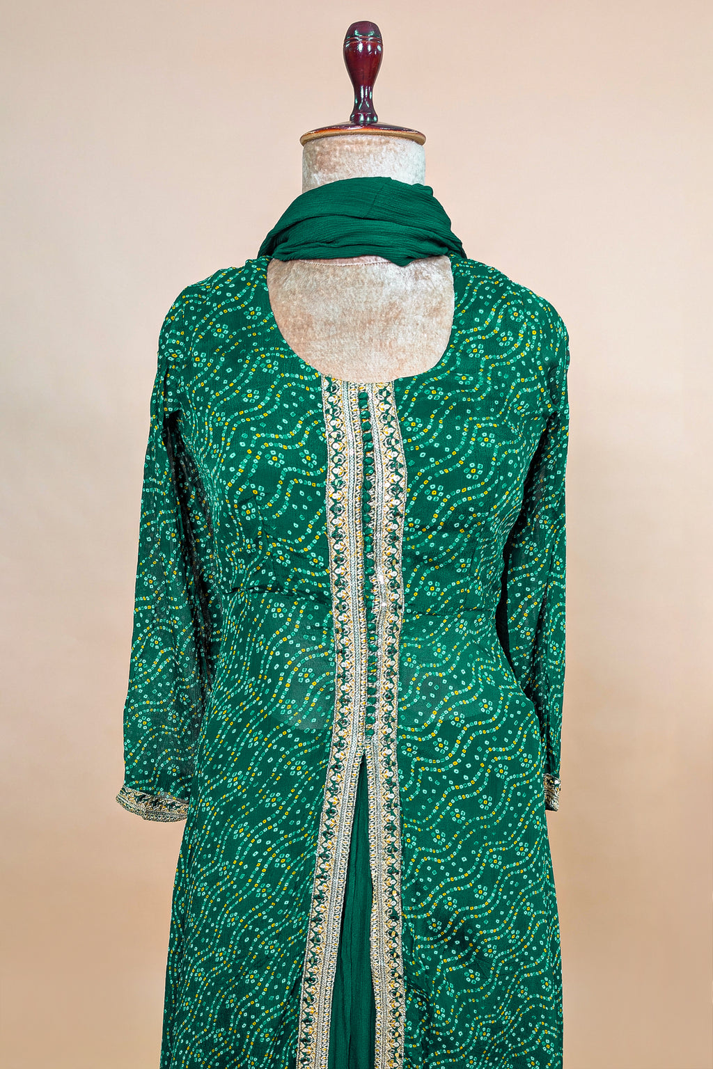 Dark Green Chiffon Georgette Bandhej Work Slit Cut Palazzo Suit