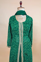 Dark Green Chiffon Georgette Bandhej Work Slit Cut Palazzo Suit