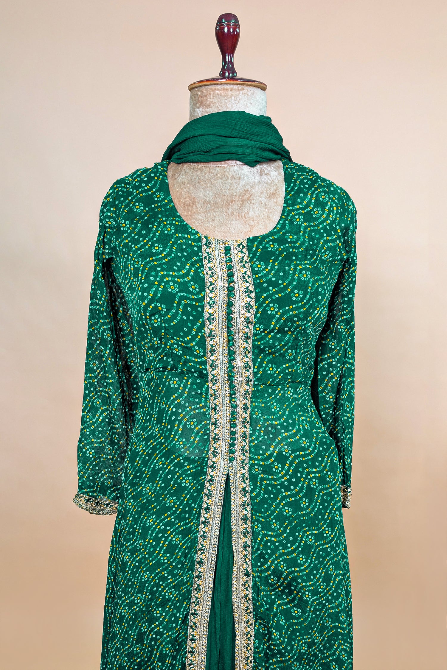 Dark Green Chiffon Georgette Bandhej Work Slit Cut Palazzo Suit