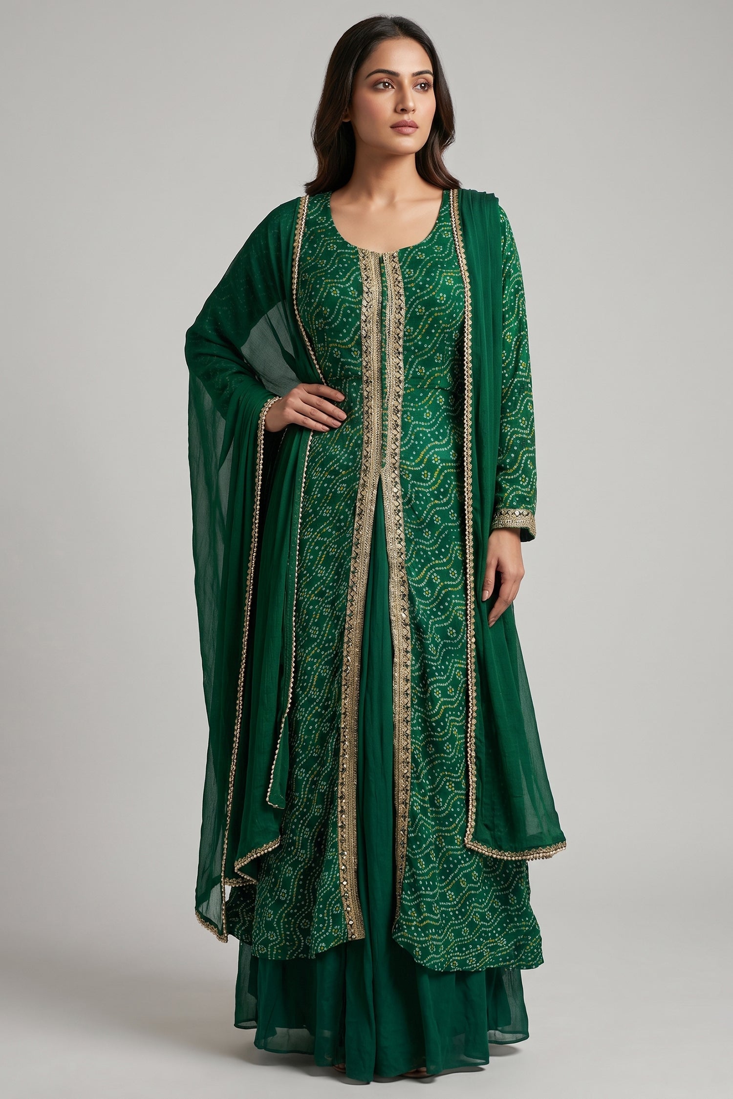Dark Green Chiffon Georgette Bandhej Work Slit Cut Palazzo Suit Main image