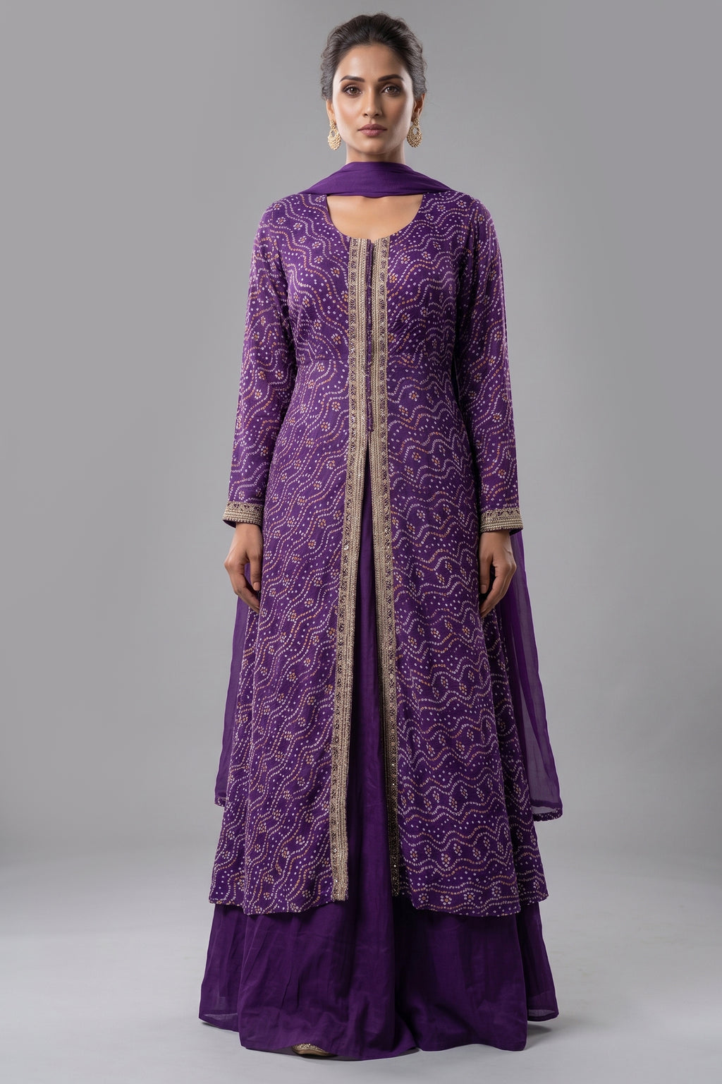 Purple Chiffon Georgette Bandhej Work Slit Cut Palazzo Suit