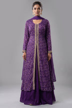 Purple Chiffon Georgette Bandhej Work Slit Cut Palazzo Suit