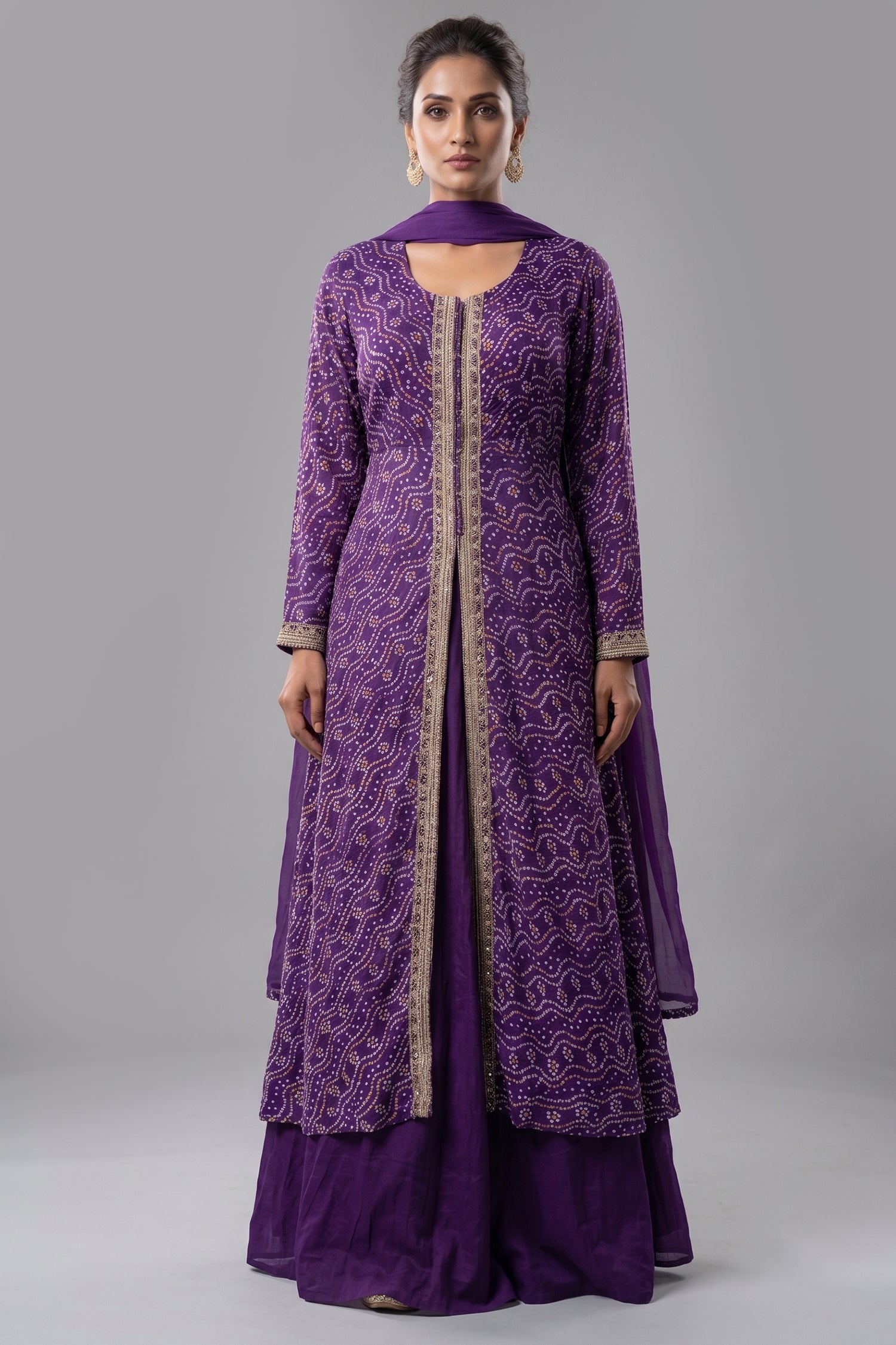Purple Chiffon Georgette Bandhej Work Slit Cut Palazzo Suit