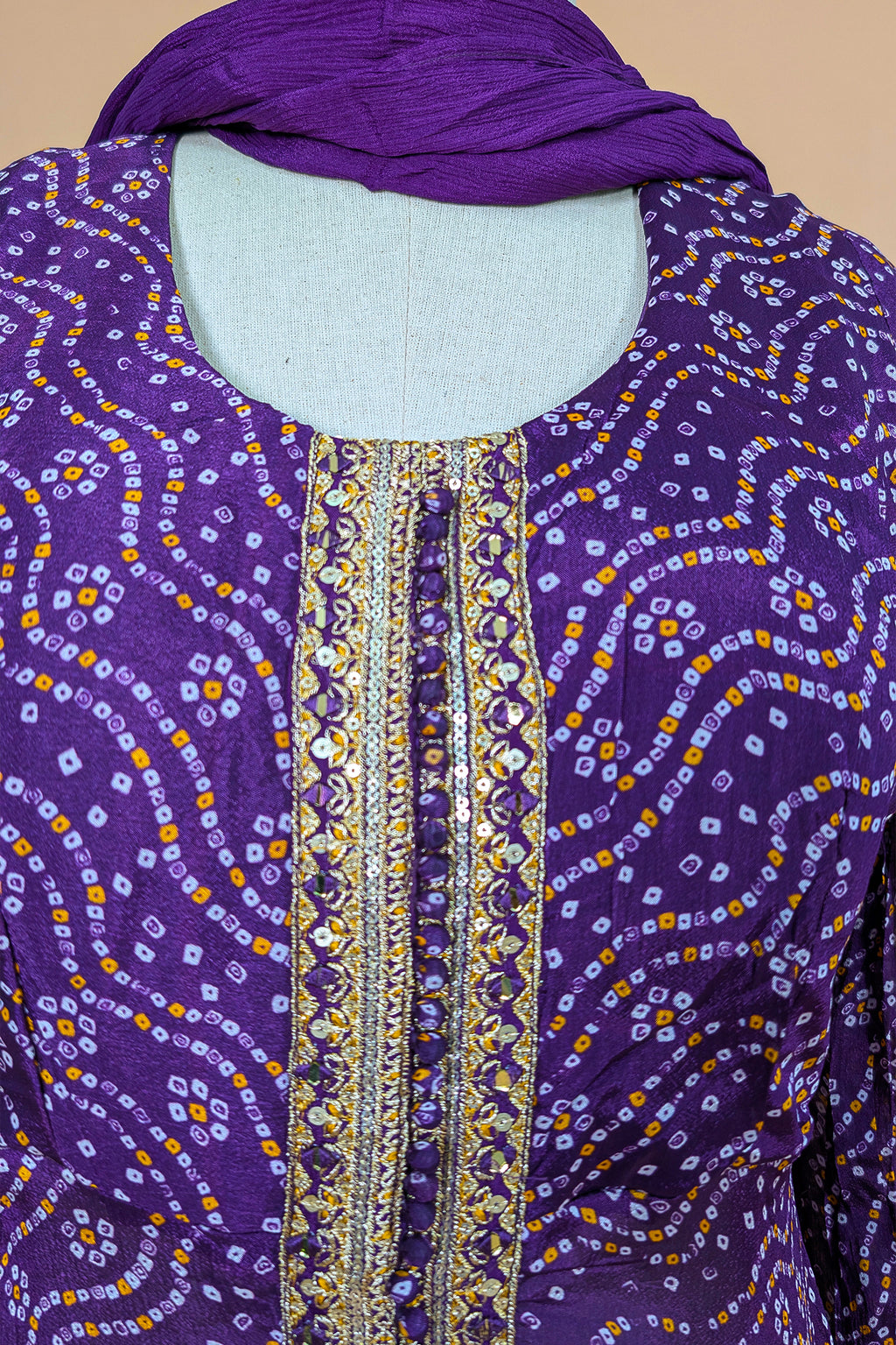 Purple Chiffon Georgette Bandhej Work Slit Cut Palazzo Suit