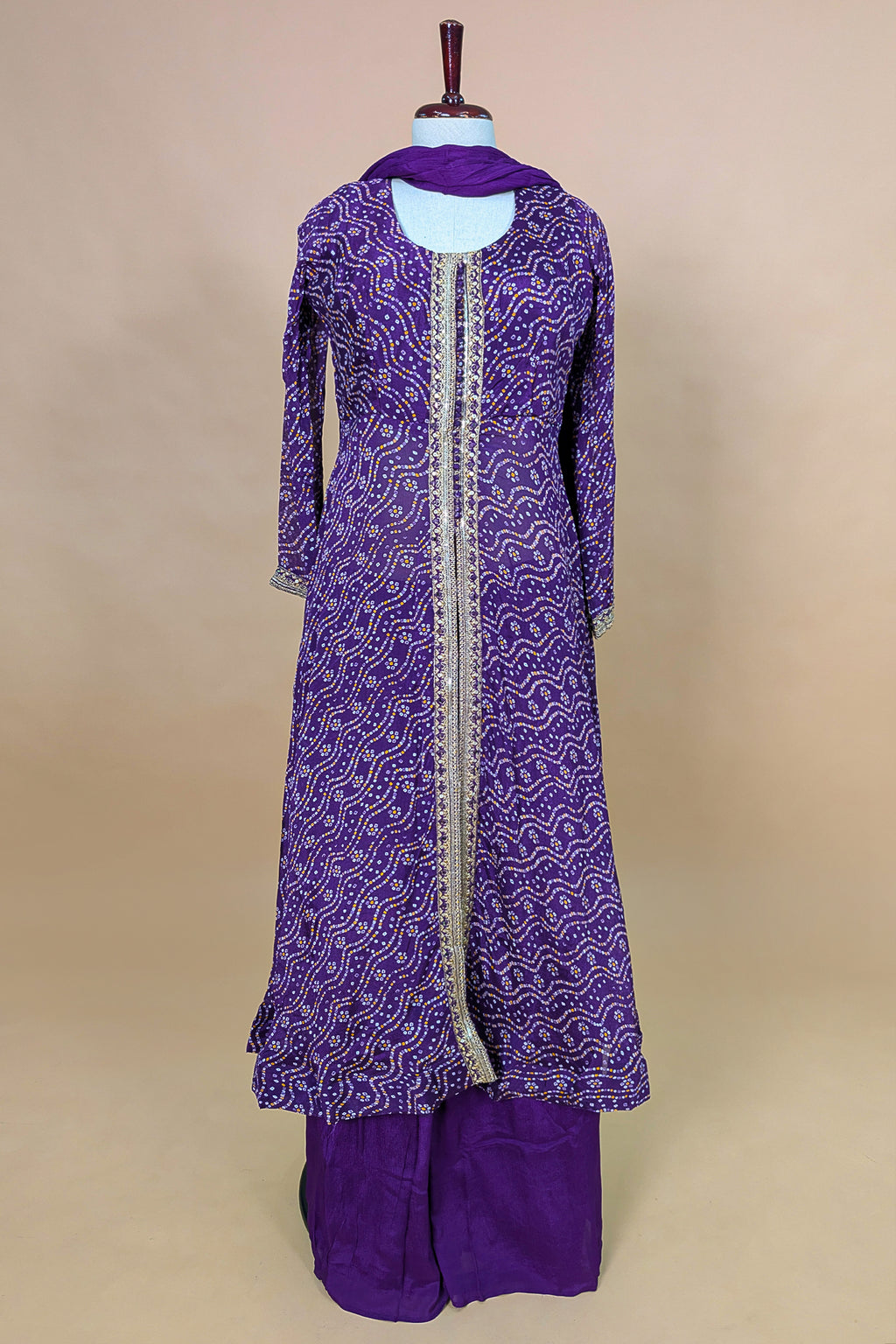 Purple Chiffon Georgette Bandhej Work Slit Cut Palazzo Suit