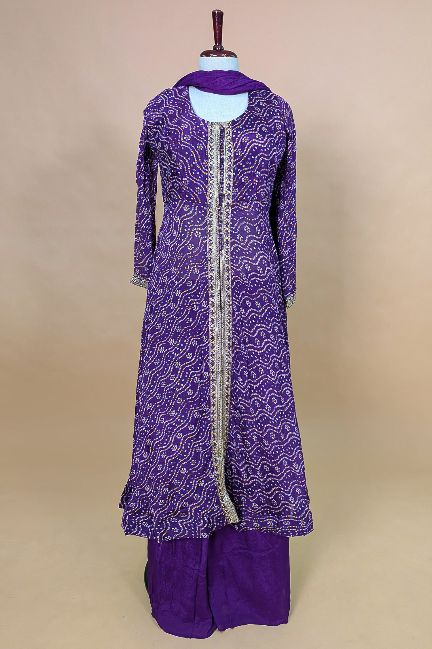 Purple Chiffon Georgette Bandhej Work Slit Cut Palazzo Suit