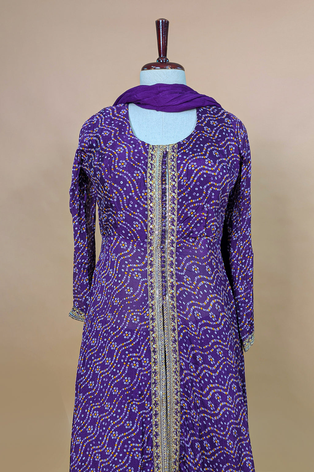 Purple Chiffon Georgette Bandhej Work Slit Cut Palazzo Suit