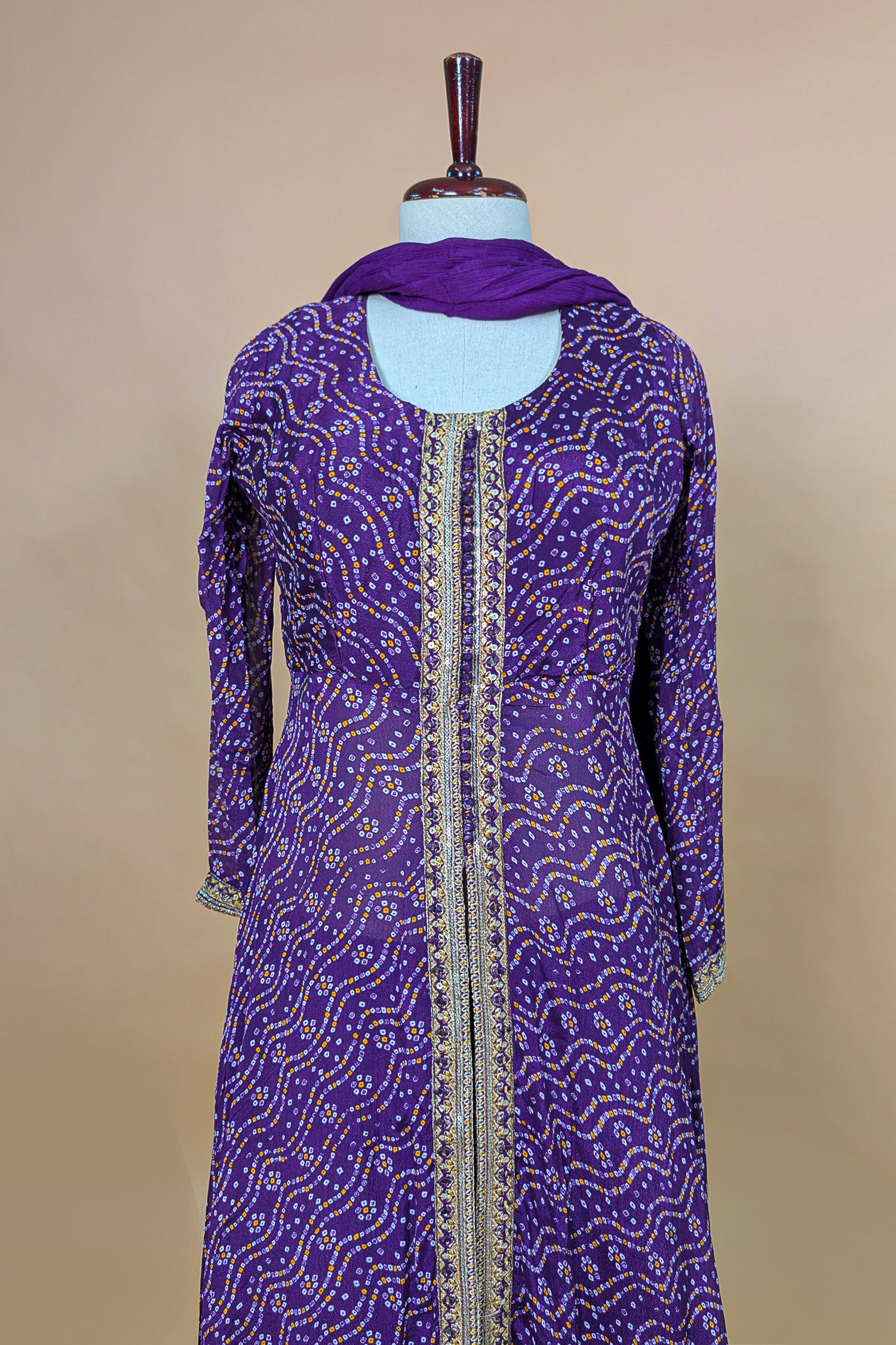 Purple Chiffon Georgette Bandhej Work Slit Cut Palazzo Suit