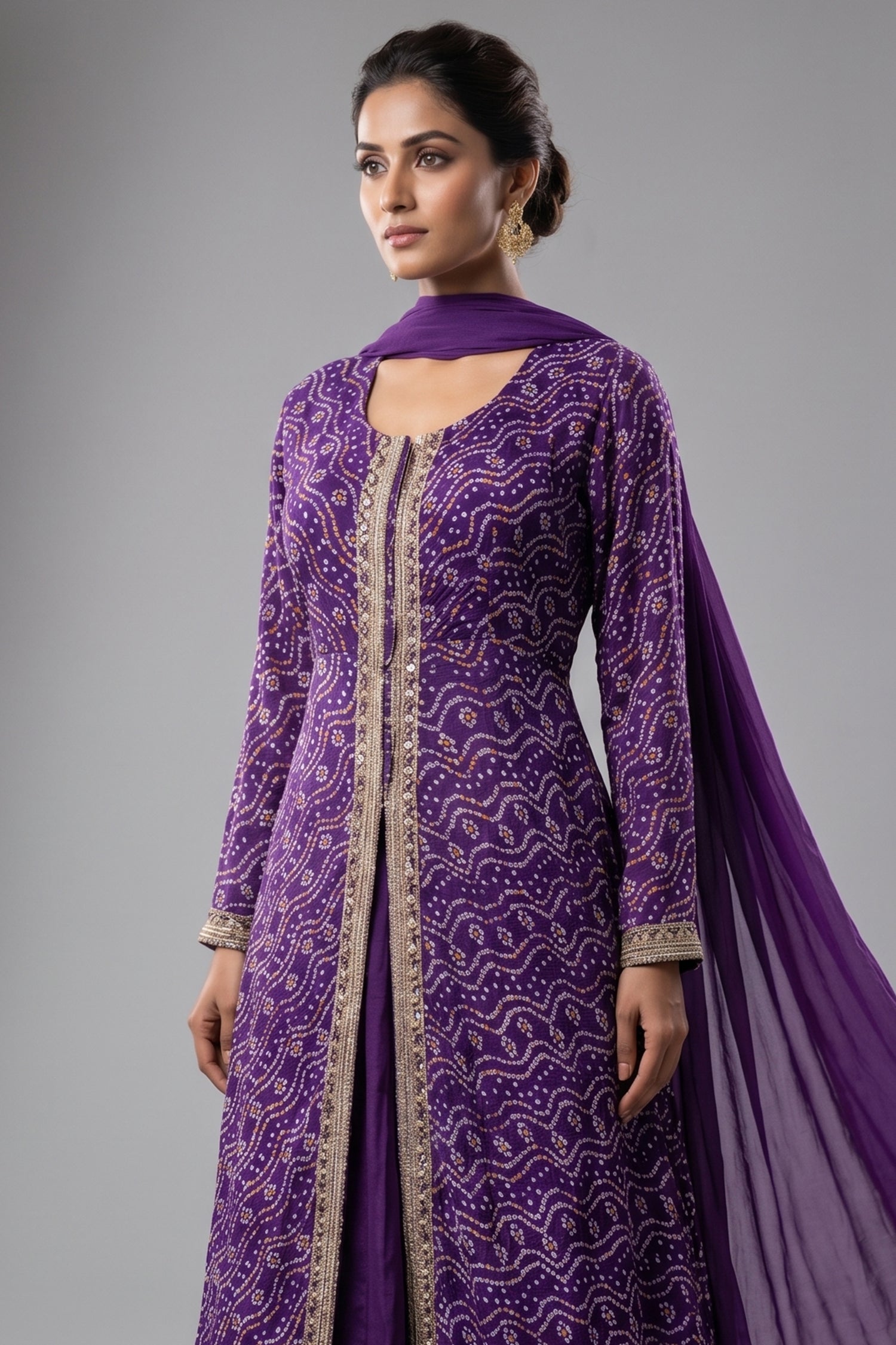 Purple Chiffon Georgette Bandhej Work Slit Cut Palazzo Suit Secondary image